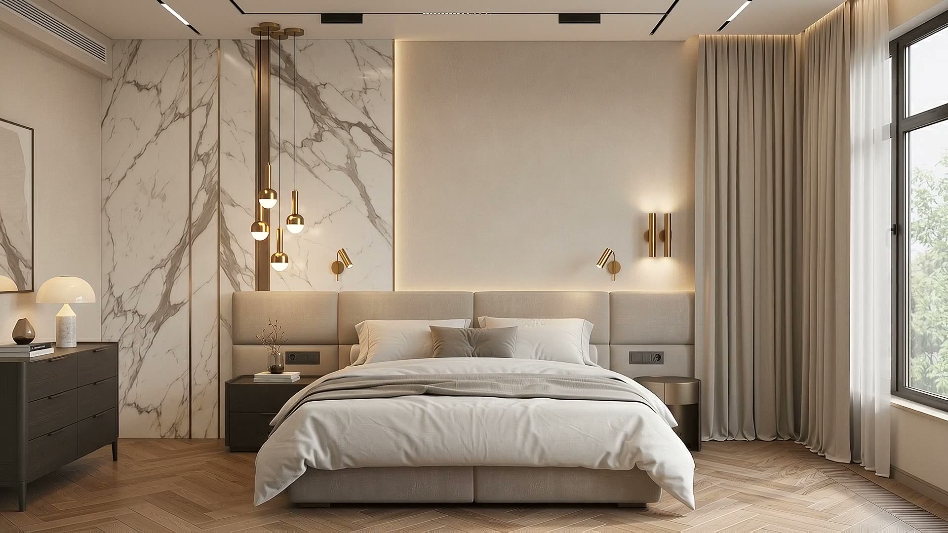 Completed bespoke bedroom with marble wall panels, upholstered bed and full-height curtains